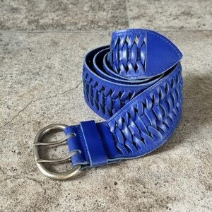 Vintage Blue Woven Leather Belt – Wide Boho Waist Belt – Double Ring Buckle – Ma